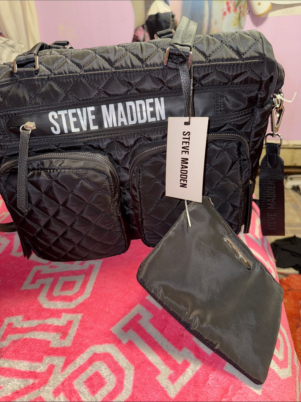 Steve Madden Black Quilted Nylon Tote with Front Pouches/Baby Diaper Bag